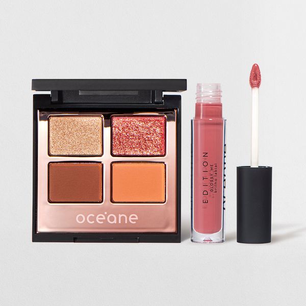 Kit paleta de sombras power glow e brilho labial rosa Edition